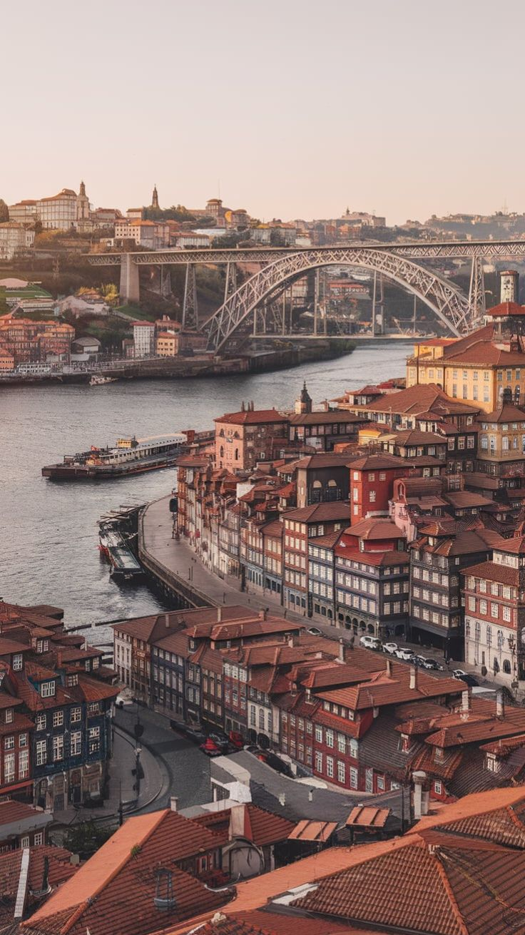 Porto's Ribeira and the Dom Luís I bridge over the Douro at sunset