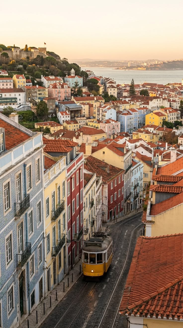 A yellow tram descending an Alfama street in Lisbon at sunset above the Tagus