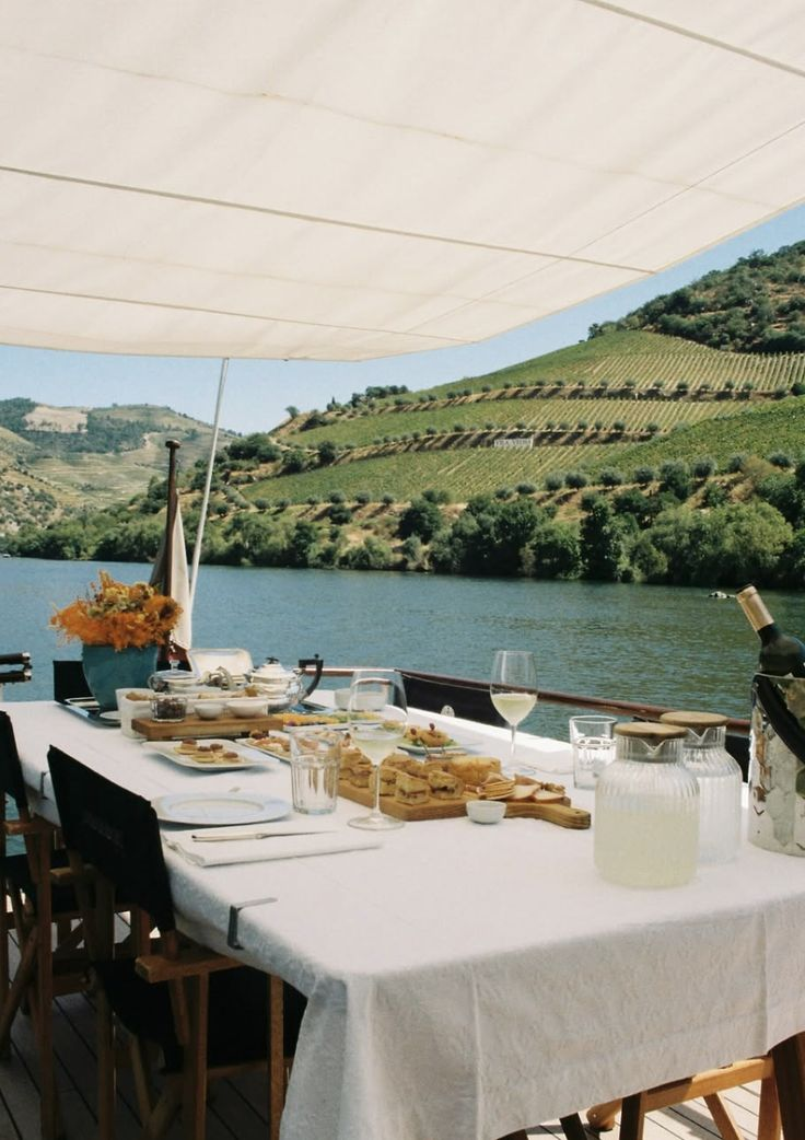 Lunch on the Douro river, vineyard terraces beyond