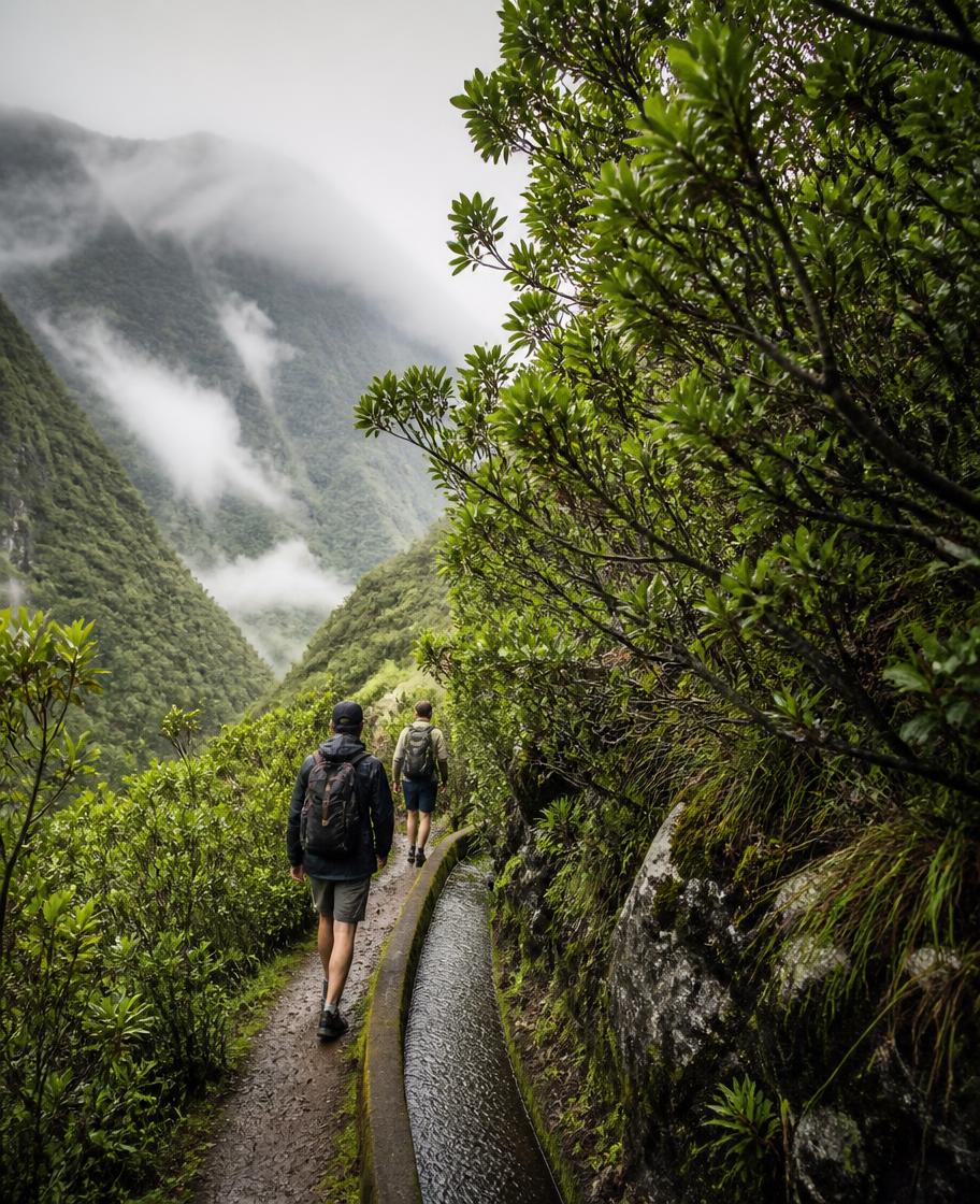 Two hikers on a levada trail through green mountain forest