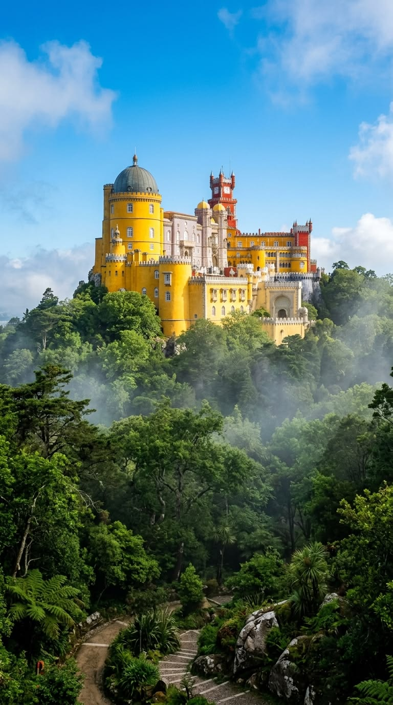 Pena Palace rising above the misty forest in Sintra
