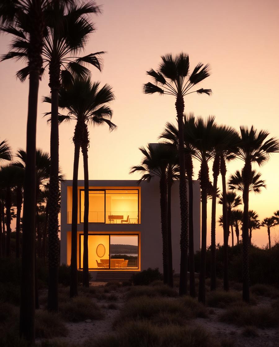 Minimal beach house among pines at dusk